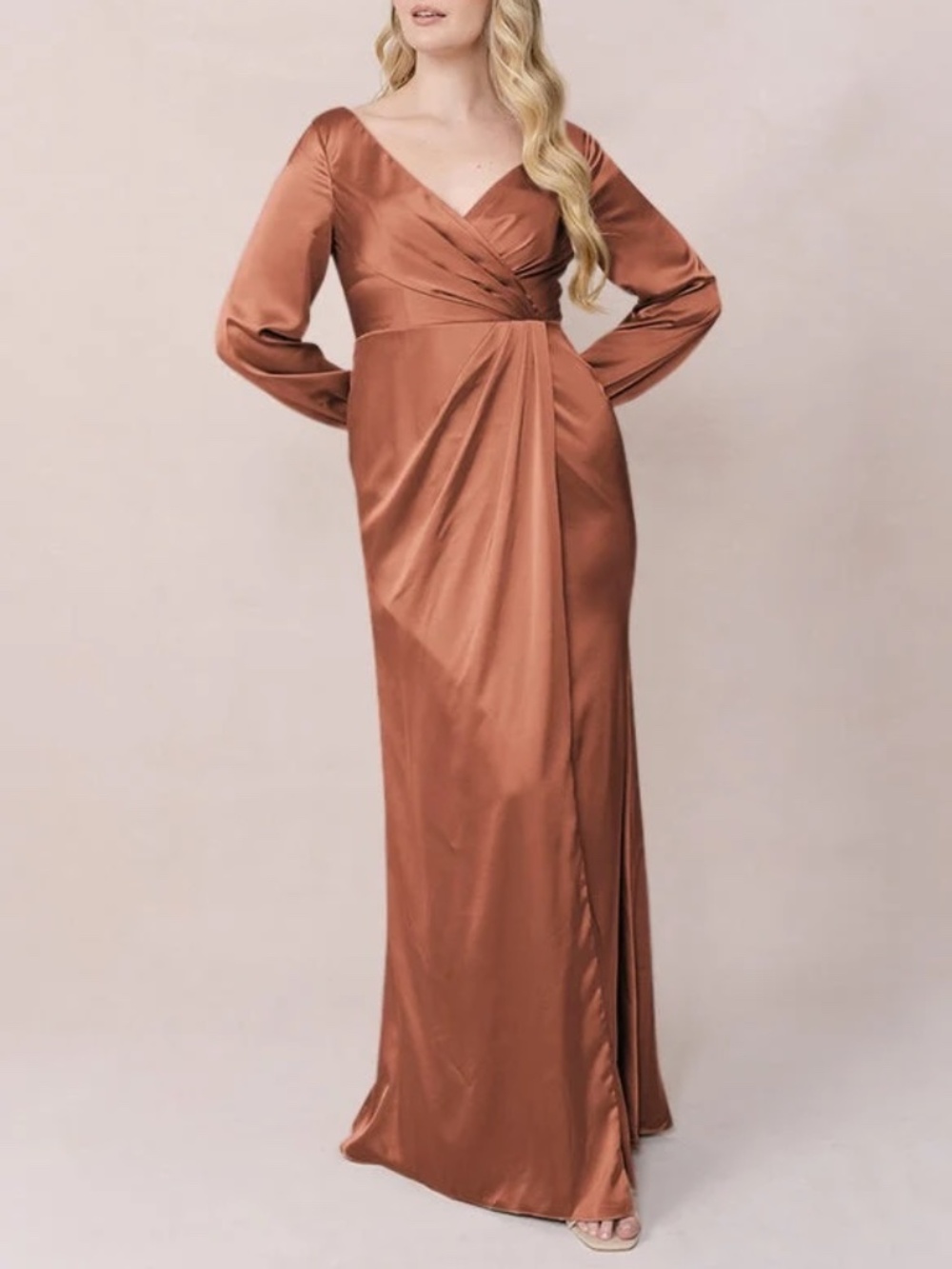 Revelry Vera Satin Long Sleeve Dress in Copper Size 12 Fall Wedding Bridesmaid